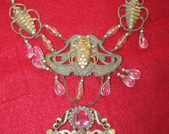 Czech Glass Egyptian Revival Necklace,  marked, Pharaoh, Snakes, Metal Beads 36-Inch