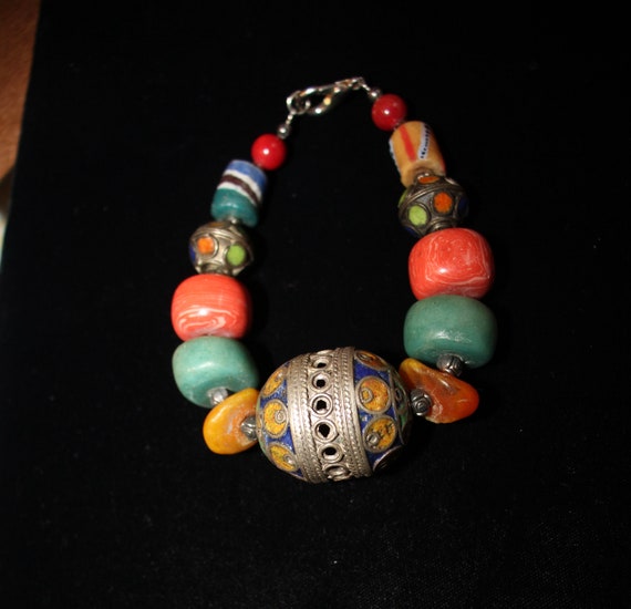 Very Rare Antique Moroccan Tribal Beaded Bracelet Gem