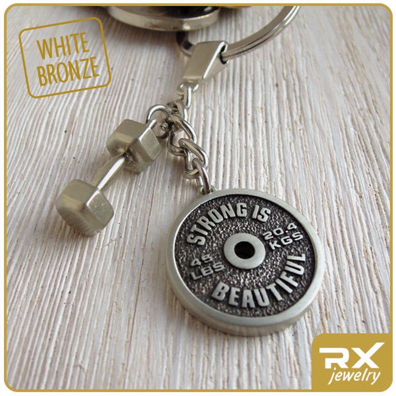 Gym keychain Strong is Beautiful Weight plate and Dumbbell key | Etsy