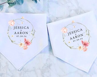 Set of 2 Wedding Handkerchief, Custom White Hankie Thank You Gift Mother Father of the Bride Groom Personalized Pink Floral Hanky Mom Dad