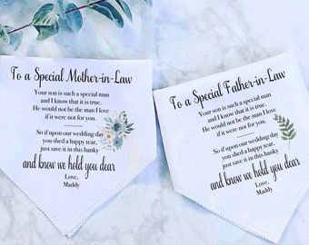 Set of 2 Wedding Handkerchief, White Hankie Thank You Gift Mother of the Bride Groom Personalized Watercolor Hanky Idea Bridal Mom Floral