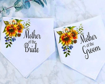 Set of 2 Wedding Handkerchief, White Hankie Thank You Gift Mom Mother of the Bride Groom Personalized Sunflower Hanky Idea Bridal Grandma