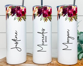 Beautiful Watercolor Printed Bridesmaid Tumblers, Wedding Gift, Bridesmaid Gifts, Water Bottle With Name Bridal Party Red Burgundy Floral