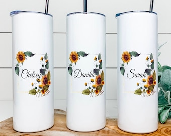 Beautiful Sunflower Thermal Skinny Tumbler with Stainless Straw Bridesmaid Gift Idea Floral Personalized with Name Wedding Party Idea Bottle
