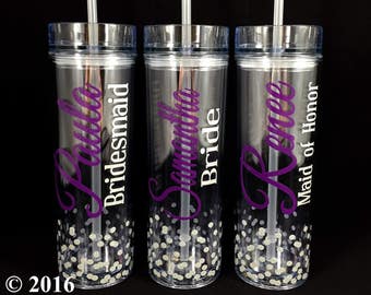 Bridesmaid Gift Skinny Tumbler with Dots, Personalized Water bottle, Bridal Party Gift, Wedding Party Tumbler Personalized Cup with Straw