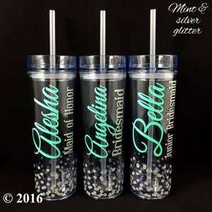 Bridesmaid Gift Skinny Tumbler with Dots, Personalized Water bottle, Bridal Party Gift, Wedding Party Tumbler Personalized Cup with Straw imagen 1