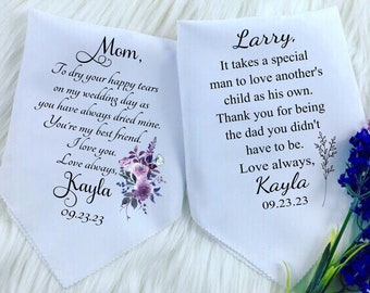 CUSTOM Hanky, SET OF 2 White Handkerchief Mother Step Father Stepdad of the Bride Personalized Hankie Wedding Gifts Mom Hankerchief Hanky