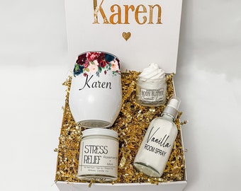 CUSTOM Gift Box Set, Relaxation Care Package Personalized Present For Her, Body Butter Room Spray Scented Candle Wine Cup Get Well Birthday