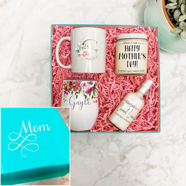 CUSTOM Mother's Day Gift Box Set, Personalized Present For Mom Her Wine Cup Room Spray Scented Candle Mothers Day Unique Gifts Mom Mama