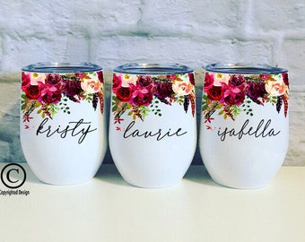 Bridesmaid Gift White Wine Tumbler, Personalized Watercolor Flower Floral Thermos Bridal Party Stainless Cup Wedding Box Travel Mug Red