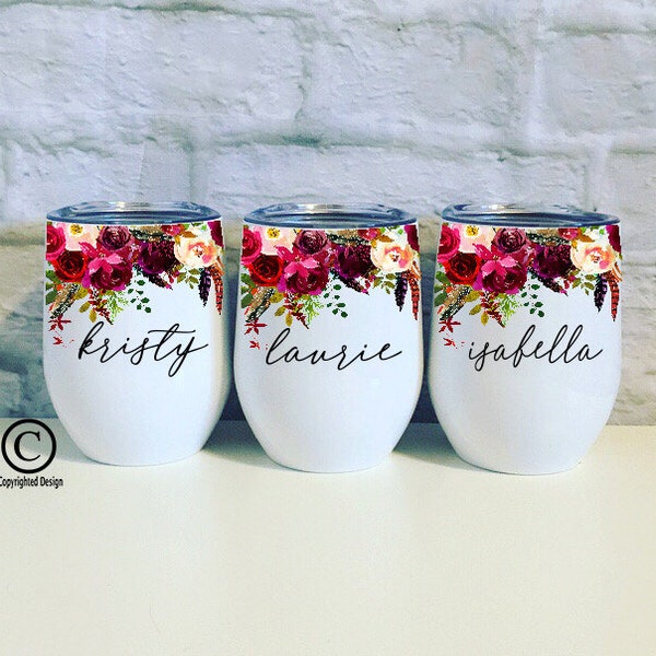 Bridesmaid Gift White Wine Tumbler, Personalized Watercolor Flower Floral Thermos Bridal Party Stainless Cup Wedding Box Travel Mug Red