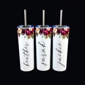 Bridesmaid Gift White Wine Tumbler, Personalized Watercolor Flower Floral Thermos Bridal Party Stainless Cup Wedding Box Travel Mug Red image 3