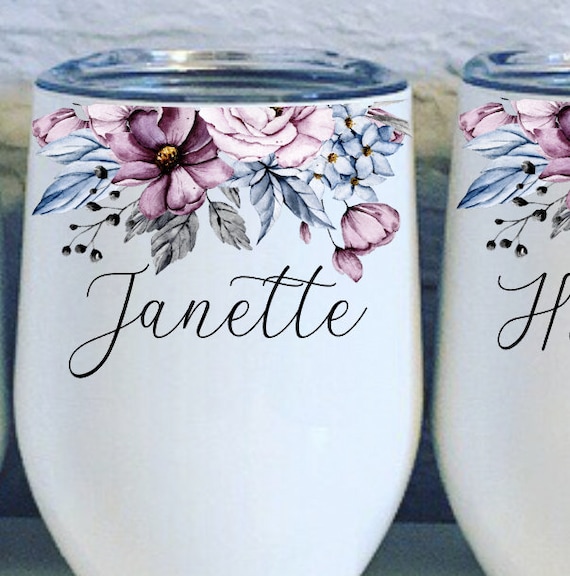 Bridesmaid Gift White Wine Tumbler, Personalized Watercolor Dusty Blue Plum  Bridal Party Cup Floral Wedding Travel Mug Destination Flowers 