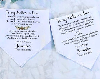 Wedding Handkerchief, SET OF 2 Father Mother-in-Law White Hanky Personalized Poem Hankie Gifts Mom Dad Hankerchief In Laws Bride Groom MIL