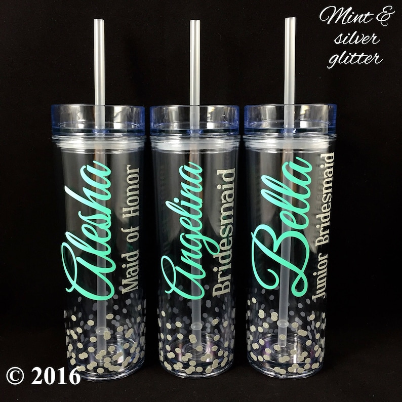 Bridesmaid Gift Skinny Tumbler with Dots, Personalized Water bottle, Bridal Party Gift, Wedding Party Tumbler Personalized Cup with Straw Bild 1
