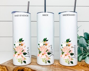 Beautiful Watercolour Blush Pink Stainless Double Wall Skinny Tumbler with Stainless Straw Bridesmaid Gift Idea Floral Personalized Gifts