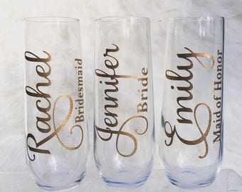 Stemless Glass Champagne Flutes, Bridesmaid Gift, Personalized Wine Glass, Personalized Flute Custom Wedding Party Glass Maid of Honor Gift