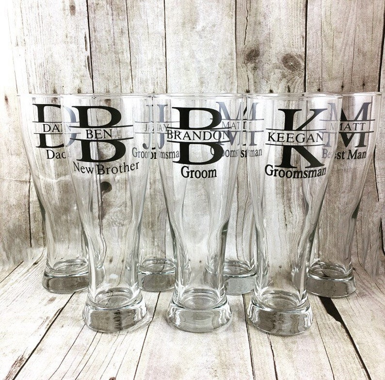 Groomsman Beer Mug, Best Man Tall Beer Glass, Pilsner Personalized Bridesmaid Gift, Groomsmen Gift, Custom Wedding Stein Gift Monogram Cup image 2