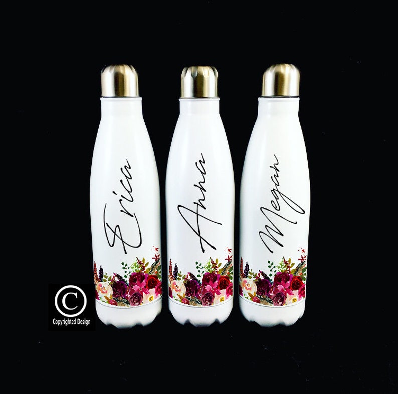 Bridesmaid Gift White Wine Tumbler, Personalized Watercolor Flower Floral Thermos Bridal Party Stainless Cup Wedding Box Travel Mug Red image 2