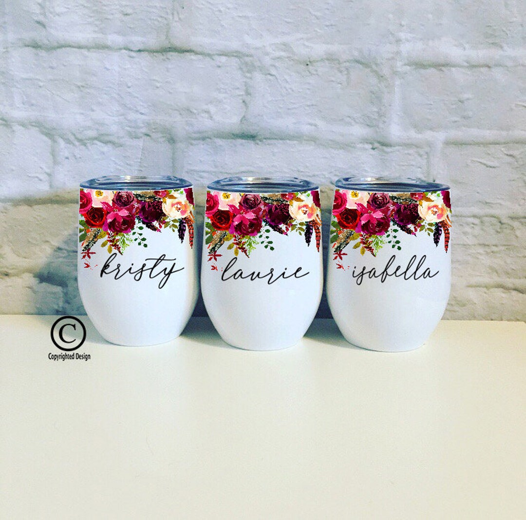 Bridesmaid Gift White Wine Tumbler, Personalized Watercolor Flower Mini ...