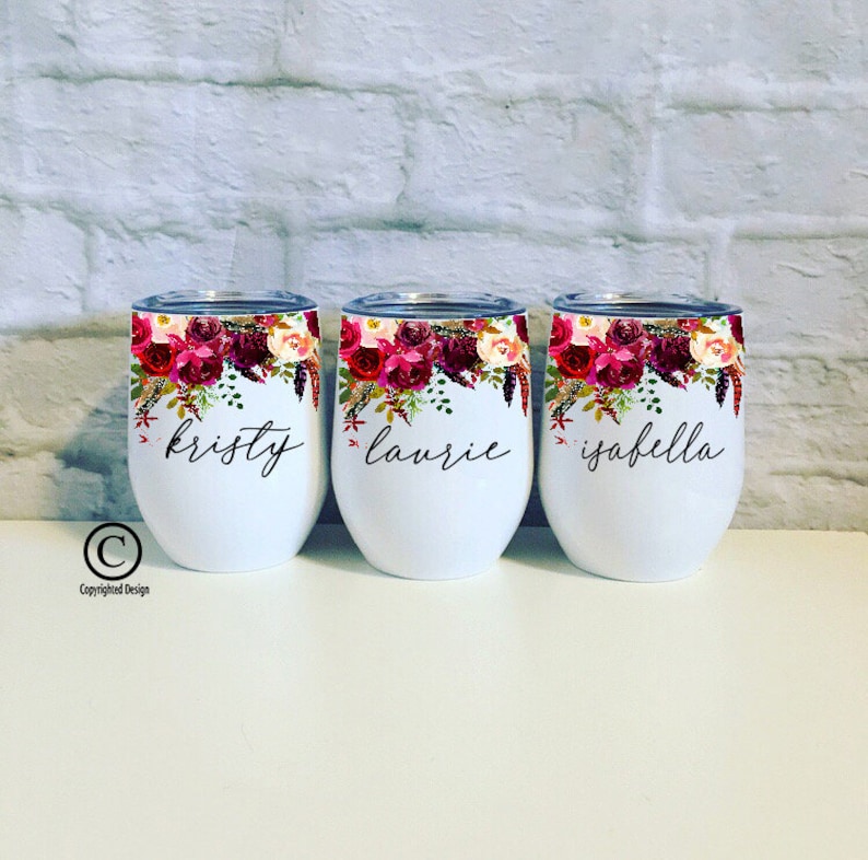 Bridesmaid Gift White Wine Tumbler, Personalized Watercolor Flower Floral Thermos Bridal Party Stainless Cup Wedding Box Travel Mug Red image 1