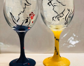 Bell and the beast inspired wine glasses