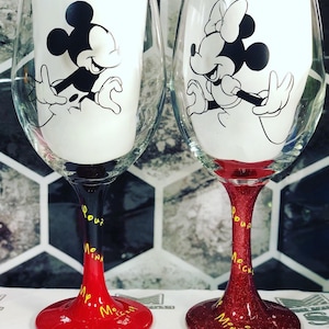 Disney Inspired Mouse couple wine glasses