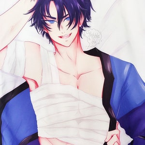 May include: A blue and purple anime-style body pillow featuring a male character with blue eyes and black hair. The character is wearing a white bandage across his chest and a blue and purple robe.