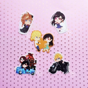 May include: Five colorful stickers featuring anime characters from the Final Fantasy video game series. The stickers are printed on a white background and feature various characters in different poses.