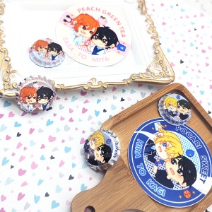 Bottle Cap Buttons | SasaMiya and HiraKagi Japanese BL Yaoi Manga | Handbag / Ita bag / Backpack Accessory