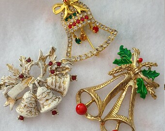 3 vintage Christmas bell brooches signed