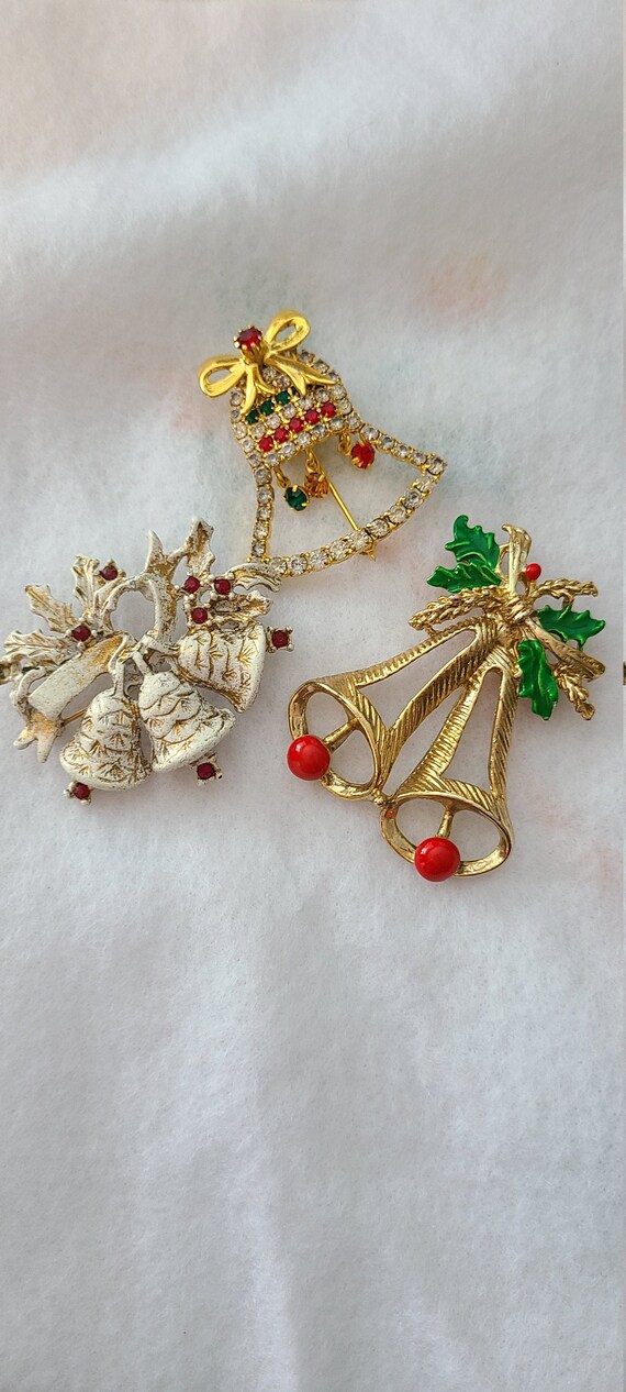 3 vintage Christmas bell brooches signed