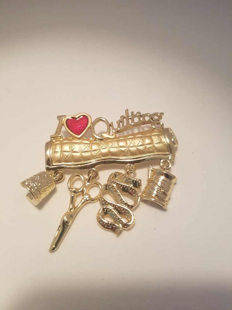 I love quilting brooch with charms AJC