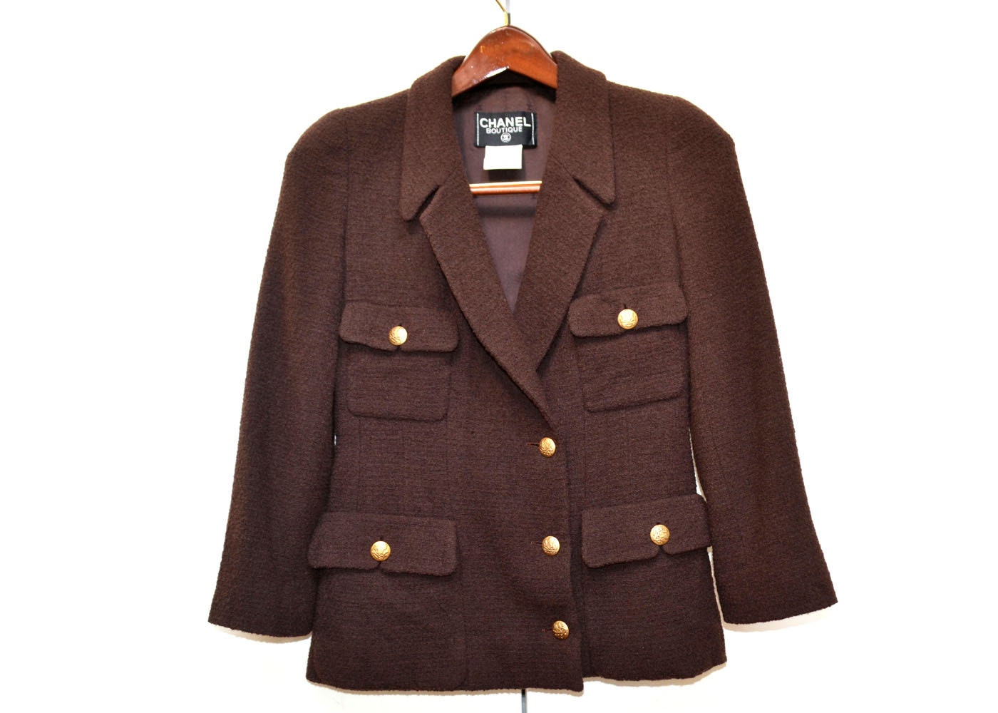 vintage 1980s CHANEL tweed suit plum blue wool boucle jacket skirt CC –  Retro Trend Vintage