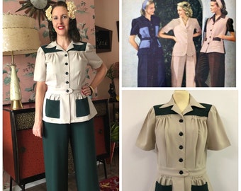 1940s pant suit bottle green/stone 1940s sports jacket, 40s color block, 1940s colour block suit, 40s trouser suit, 40s pant suit, CC41 suit