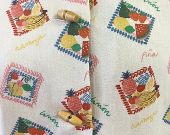 1940s 1950s style teatimer tea timer blouse, tutti frutti on cream background. From vintage pattern. Carmen Miranda fruit blouse