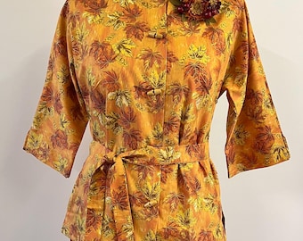 1940s 1950s tea timer teatimer blouse in Autumn leaf print, pake muu blouse with three quarter sleeves and waist sash