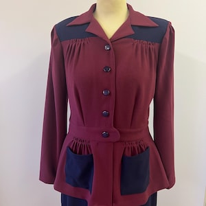 1940s pant suit wine/navy, 1940s sports jacket, 40s color block, 1940s colour block suit, 40s trouser suit, 40s pant suit, CC41