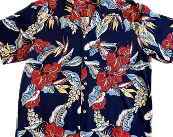 1940s men’s Hawaiian shirt, vintage Aloha shirt, blue anthurium, 1950s Hawaiian