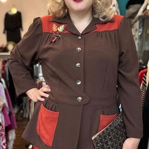 1940s pant suit brown/rust , 1940s sports jacket, 40s color block, 1940s colour block suit, 40s trouser suit, 40s pant suit, CC41, autumn