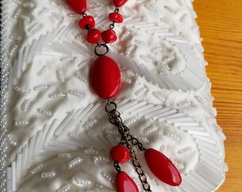 Vintage Red Tassel Necklace Retro Boho Art Deco Vibrant Dramatic Summery Summertime Shiny Prom Formal Fresh Lively Nice Gift for Her Artsy