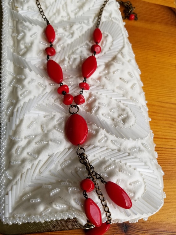 Vintage Red Tassel Necklace Retro Boho Art Deco Vi