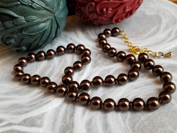 Vintage 8mm Brown Choker Knotted Glass Pearls. Fa… - image 1