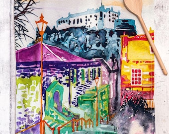 Edinburgh Castle Watercolor Tea Towel: Scottish Landmark Art