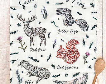 Scotland's Big Five Tea Towel - Scottish Wildlife Collection |  Animal Dishtowel