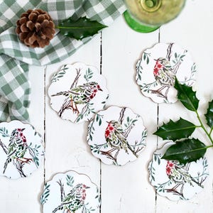 Christmas Robin Coasters | Poinsettia & Holly Robin Drink Coaster