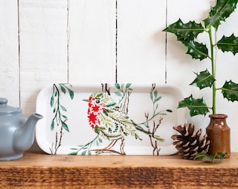 Christmas Robin Poinsettia Watercolour Serving Tray