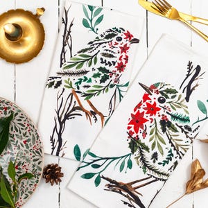 Christmas Robin Napkins | Poinsettia & Holly Robin Table Napkins