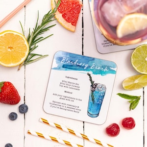 Blueberry Beach Coaster | Cocktail Recipe Coaster | Gin Cocktail