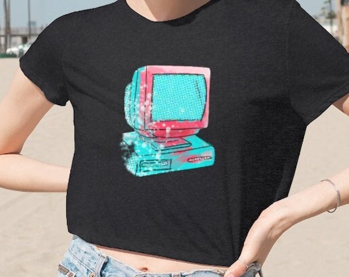 Retro - 90's Box Computer - Old Computer - 1990s - Y2K Aesthetic - Women's Flowy Cropped Tee